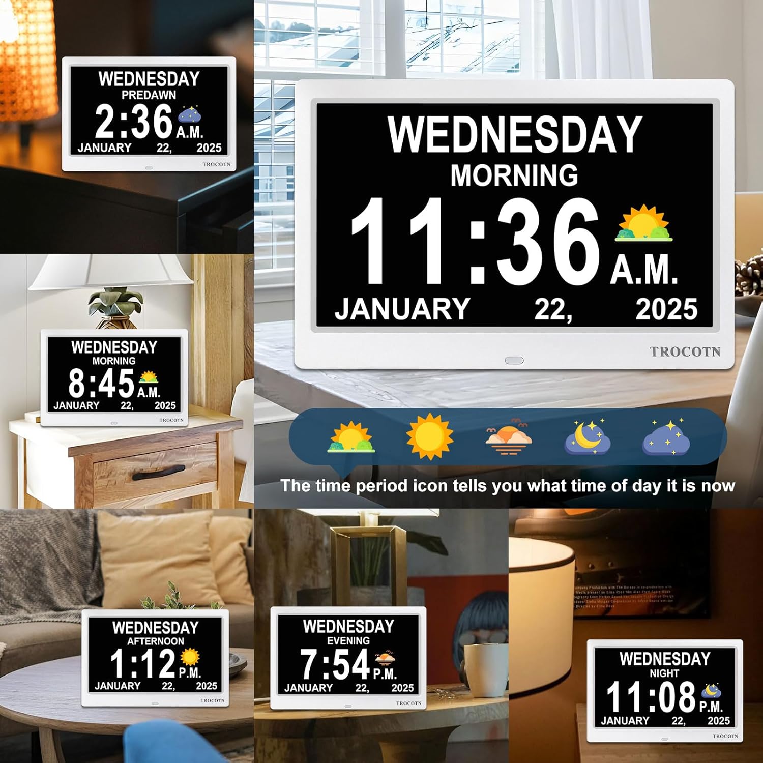 TROCOTN 10 Inch Digital Clock with 5 Display Modes and 12 Custom Alarms
