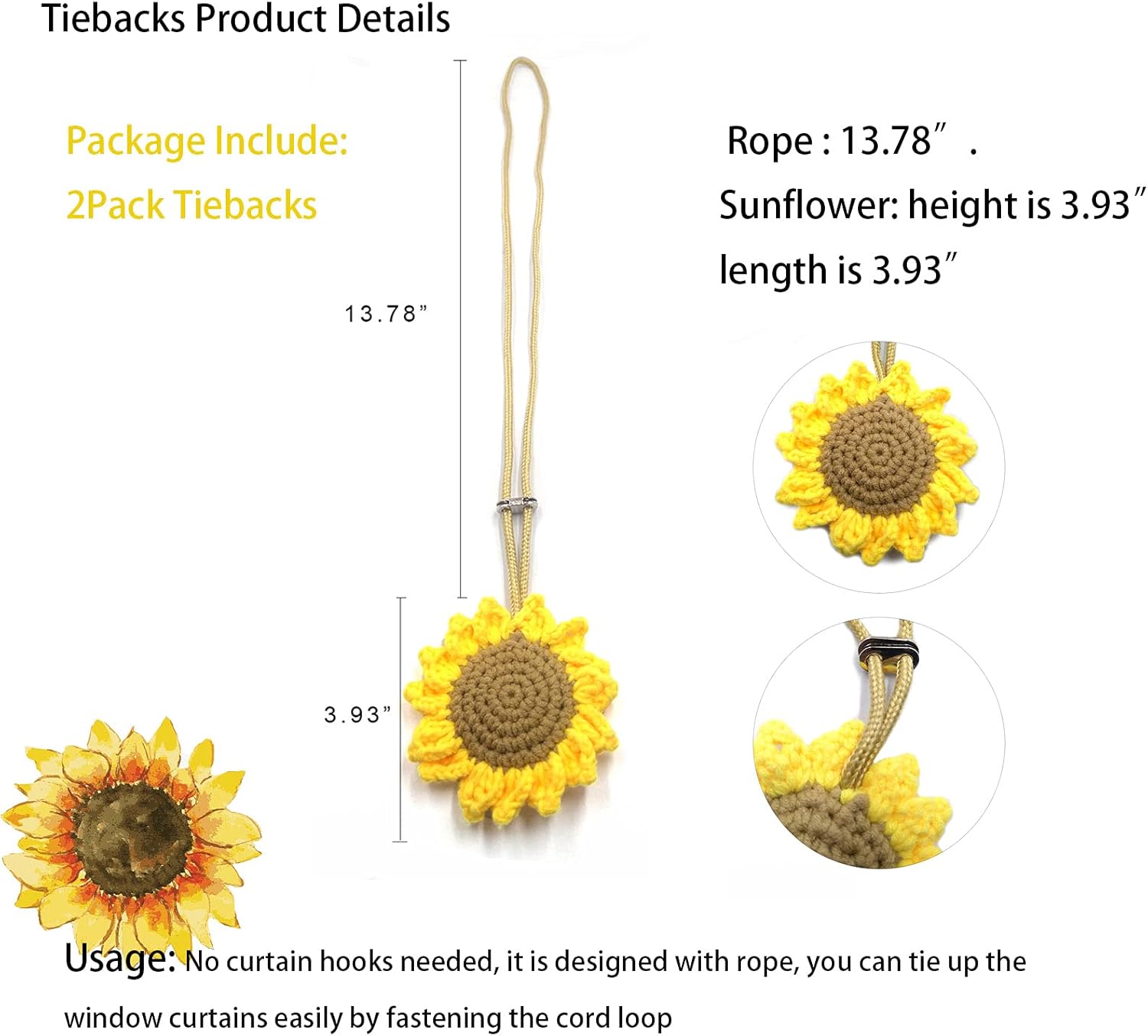2 Pack Crochet Sunflower Curtain Holdbacks