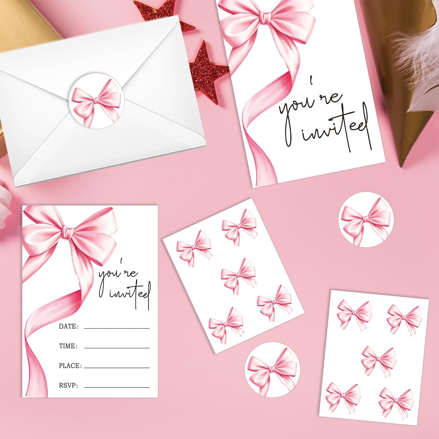 Pink Bow Birthday Party Invitations 20 Pack with Envelopes