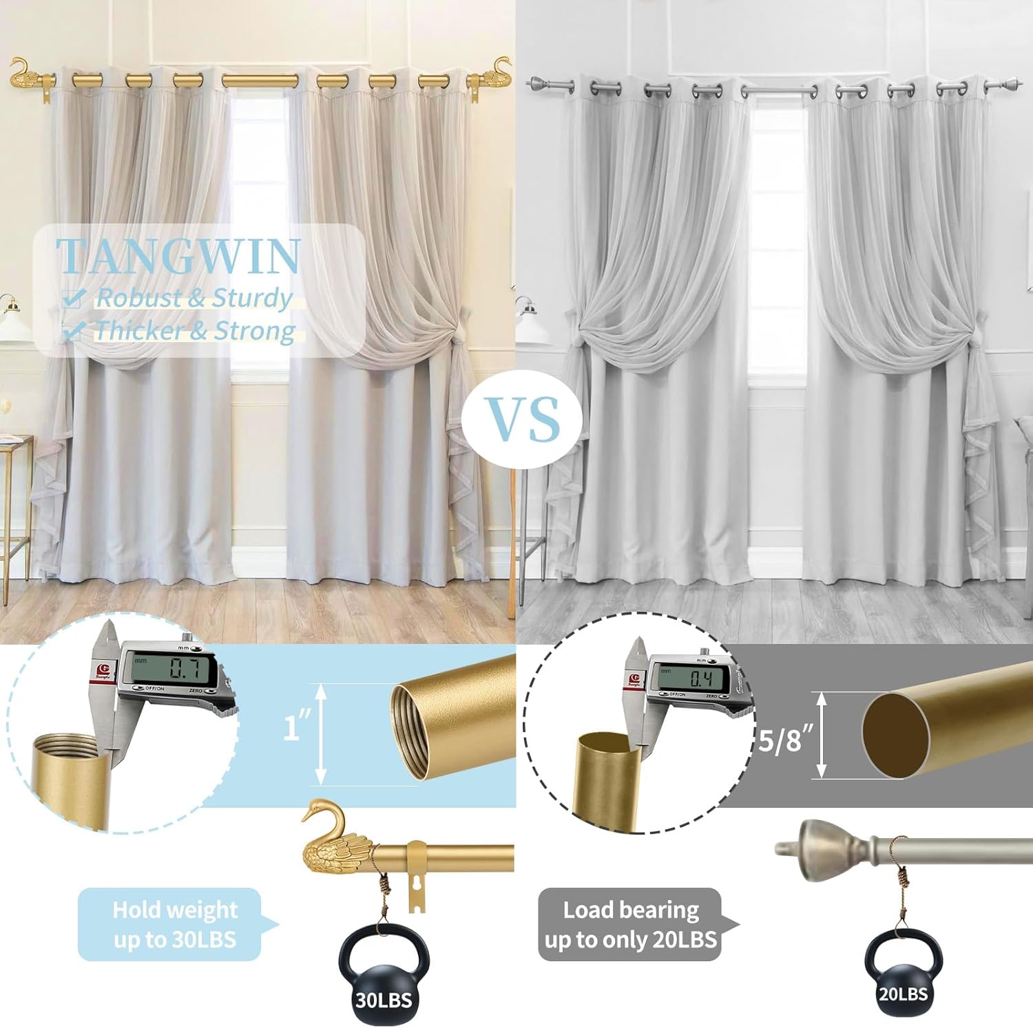 TANGWIN Gold Curtain Rods 48-84 Inch with Swan Finials