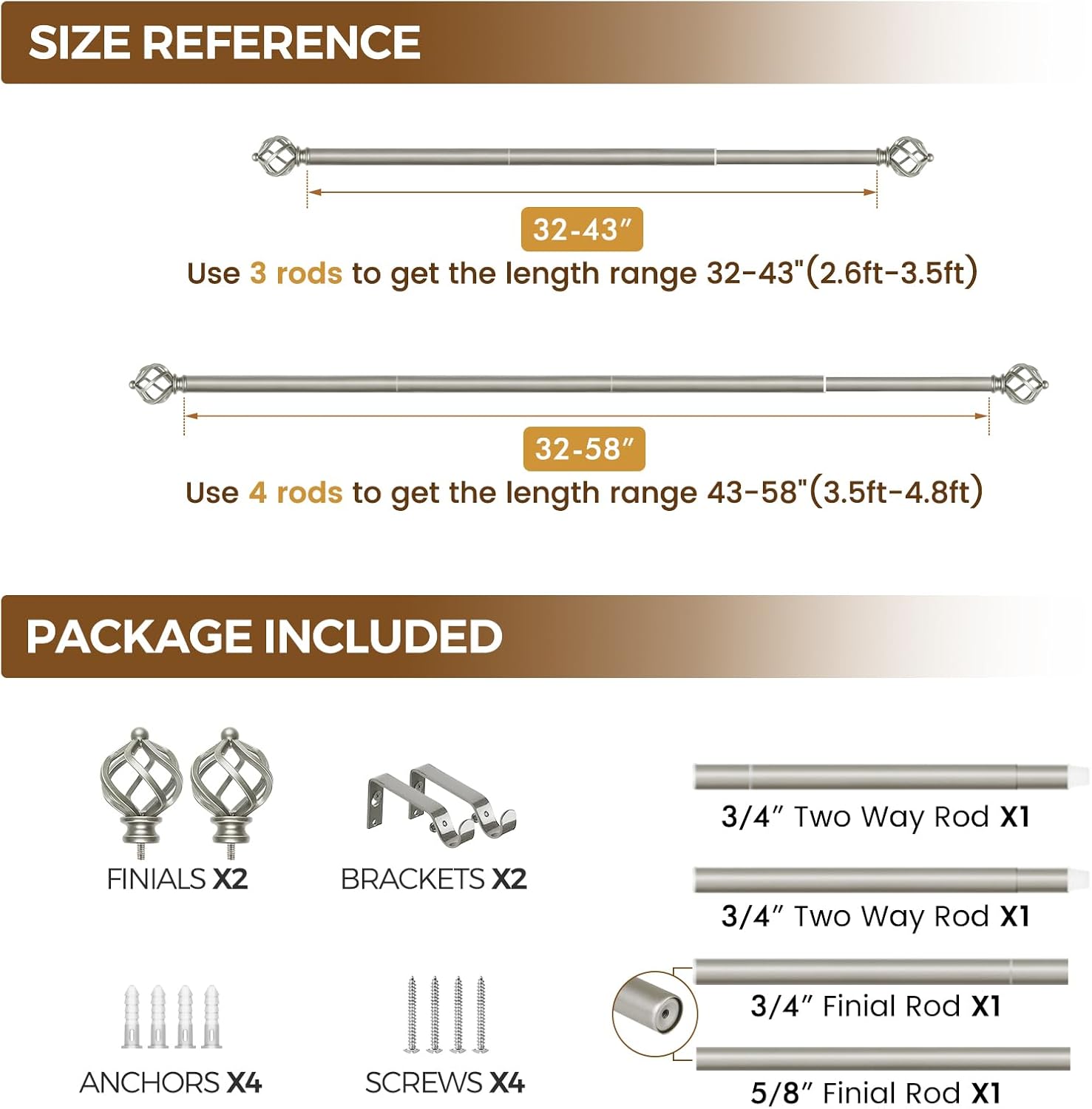 KAMANINA Silver Curtain Rod 32-58 Inch Adjustable Single Rod