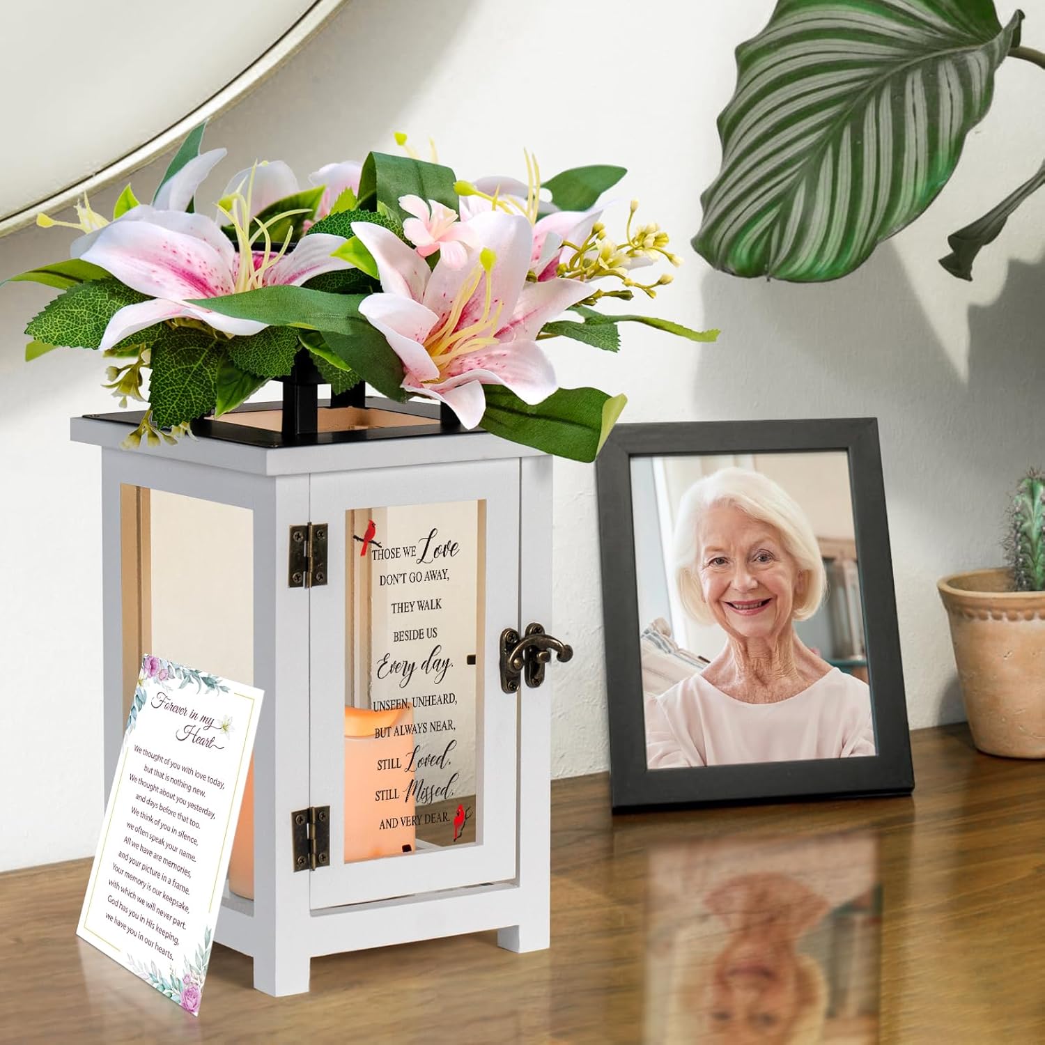 Sympathy Candle Lantern with Lily Flowers for Loss of Loved One