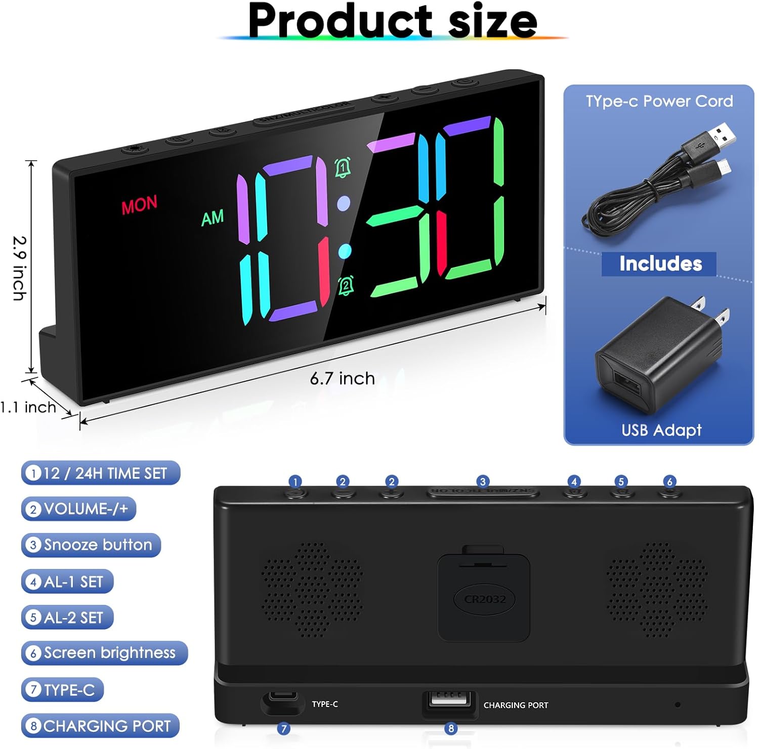 Tetino Loud Alarm Clock with RGB Display and Snooze