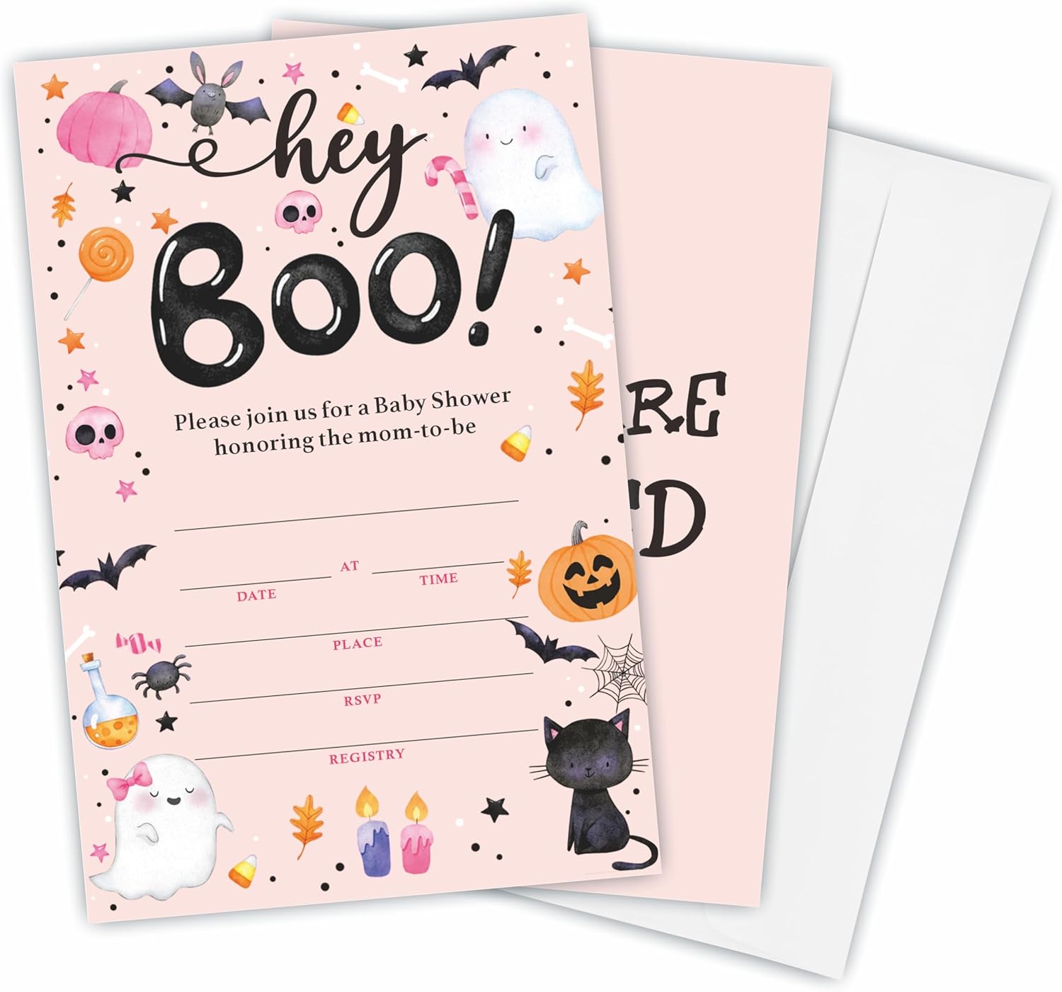 Hey Boo Halloween Baby Shower Invites Cards Set