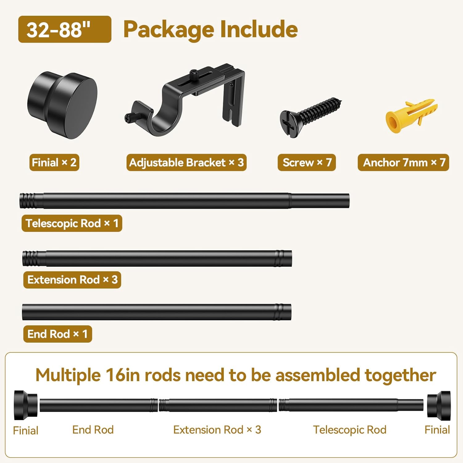 YaFex 1 Inch Heavy Duty Curtain Rod with Matte Black Finish