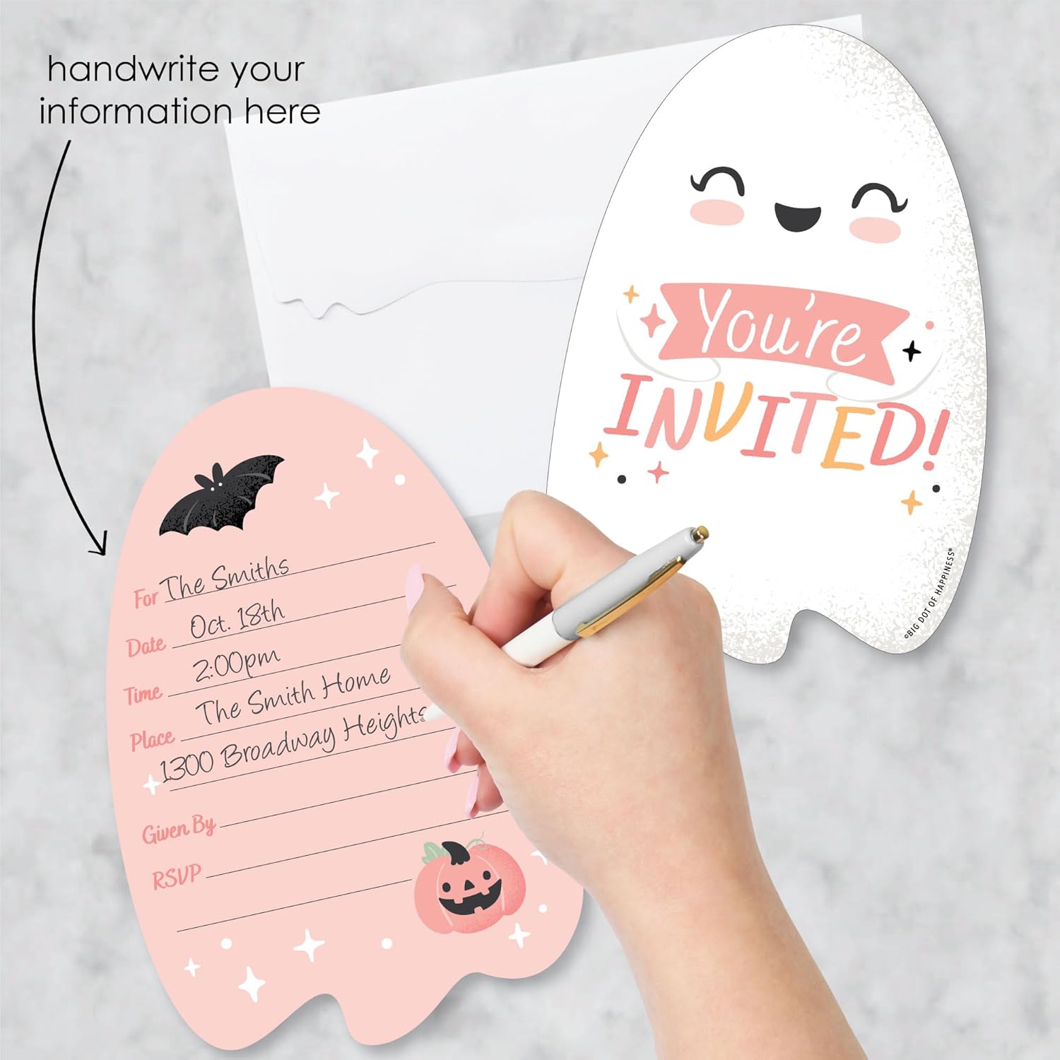 Pink Halloween Invitation Cards Set of 12 with White Envelopes