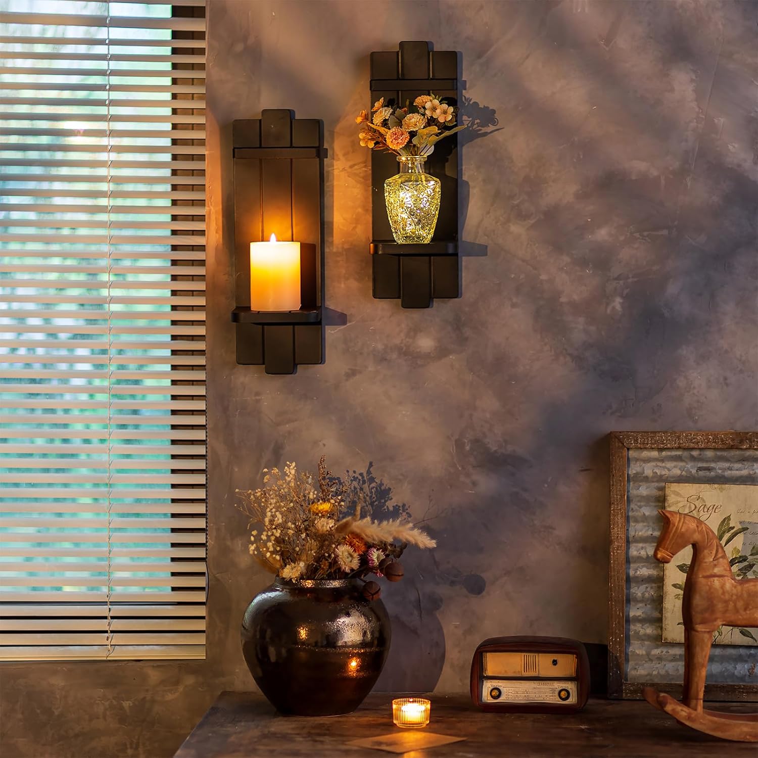 Walasis Black Wood Candle Sconces Set of 2
