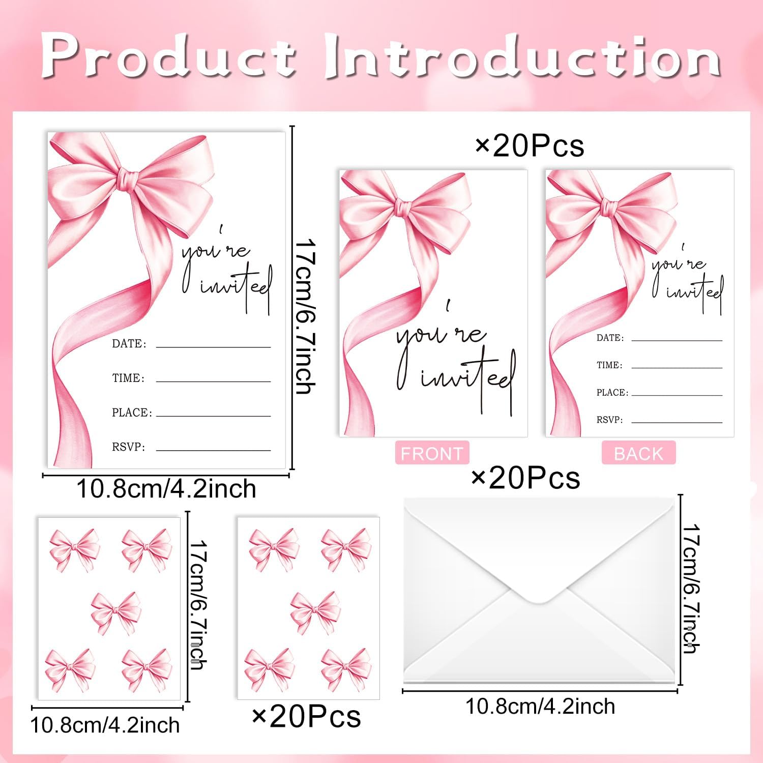 Pink Bow Birthday Party Invitations 20 Pack with Envelopes