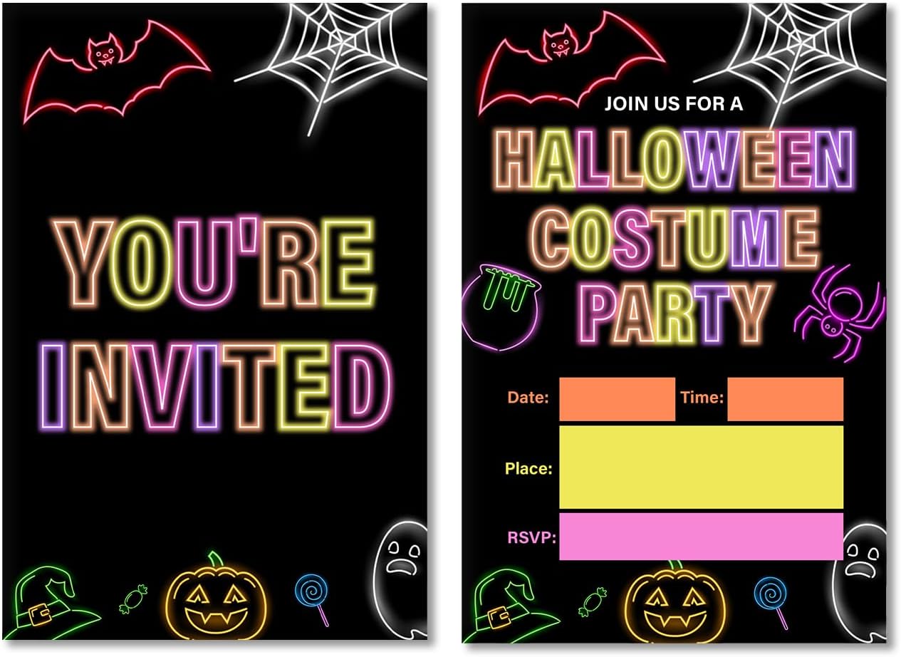 Spooky Neon Halloween Party Invites with Envelopes Set of 20