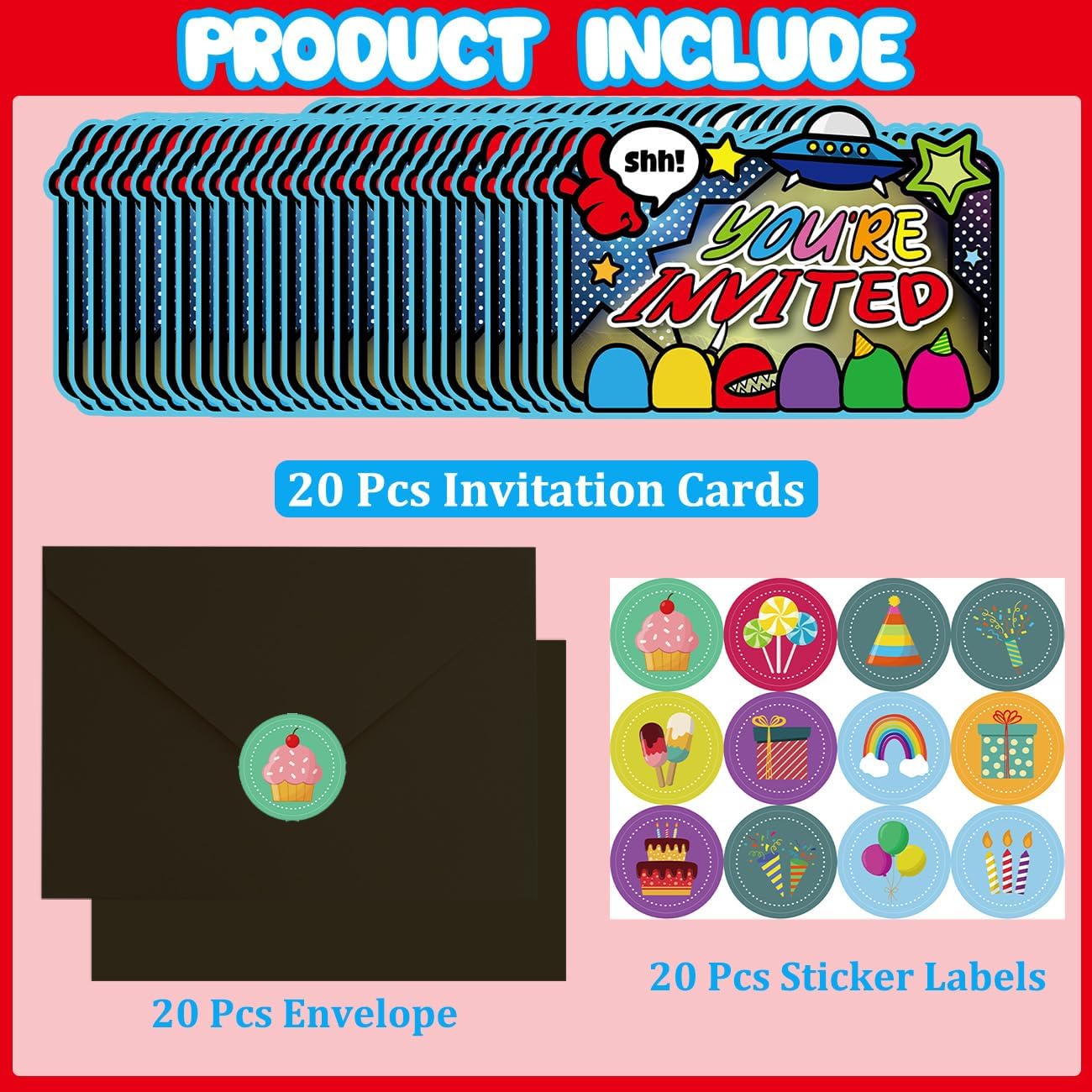 20pcs Space Game Birthday Invitations with Sticker Labels