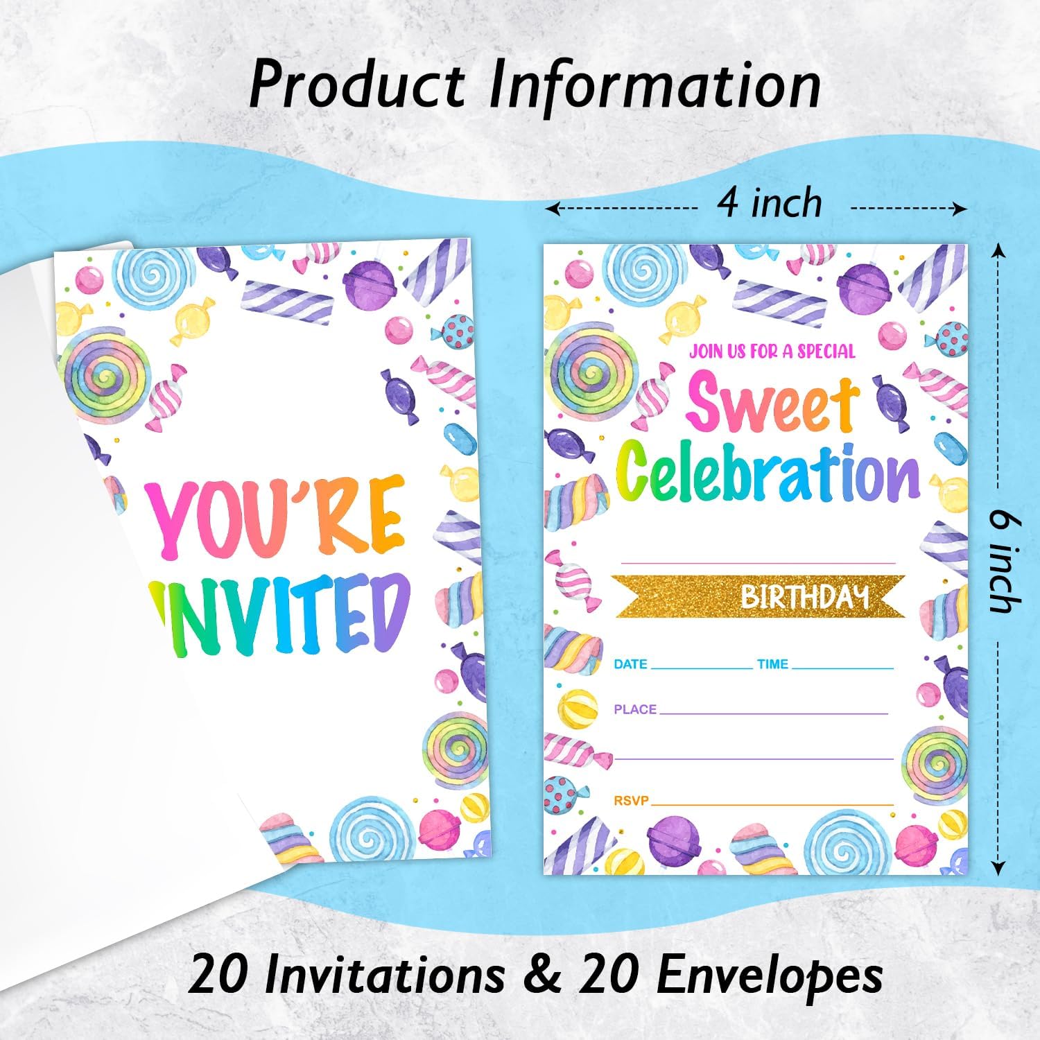 Sweet Candy Birthday Invitations Set of 20 with Envelopes