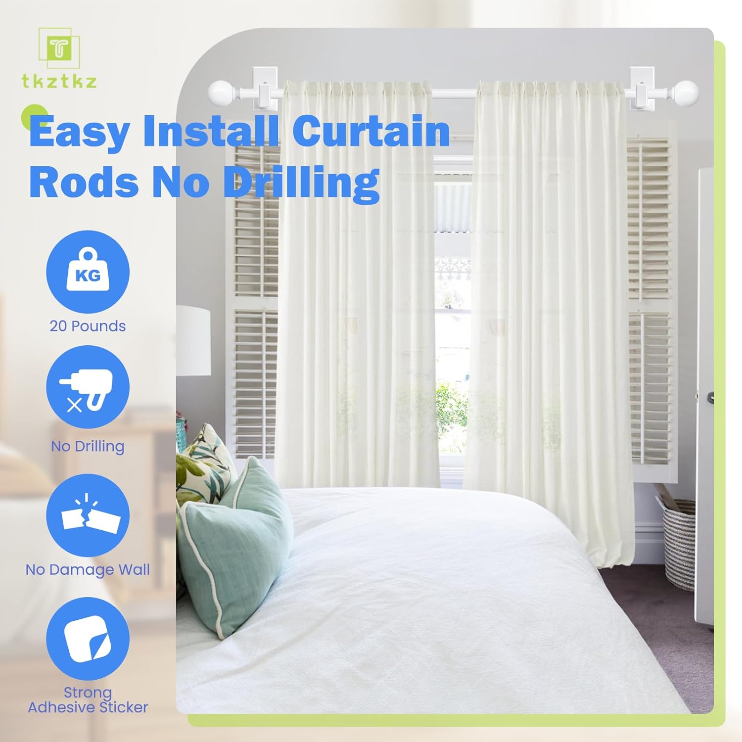 White No Drilling Curtain Rods Adjustable for Windows 32-45 Inches