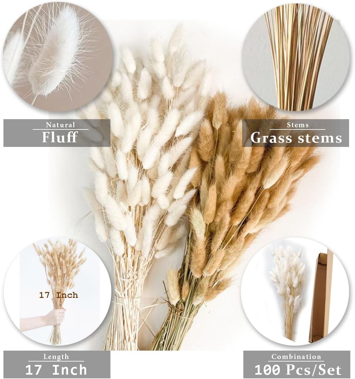 COSOKUU Bunny Tails Dried Flowers 100pcs Light Blue
