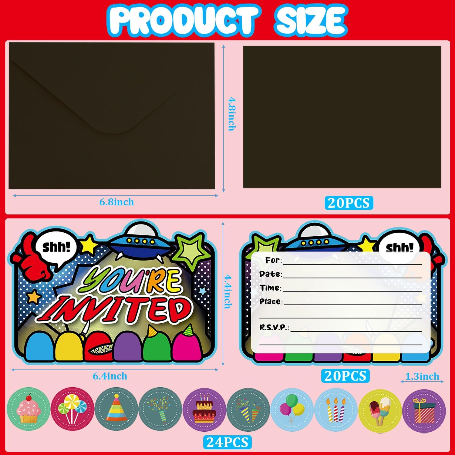 20pcs Space Game Birthday Invitations with Sticker Labels