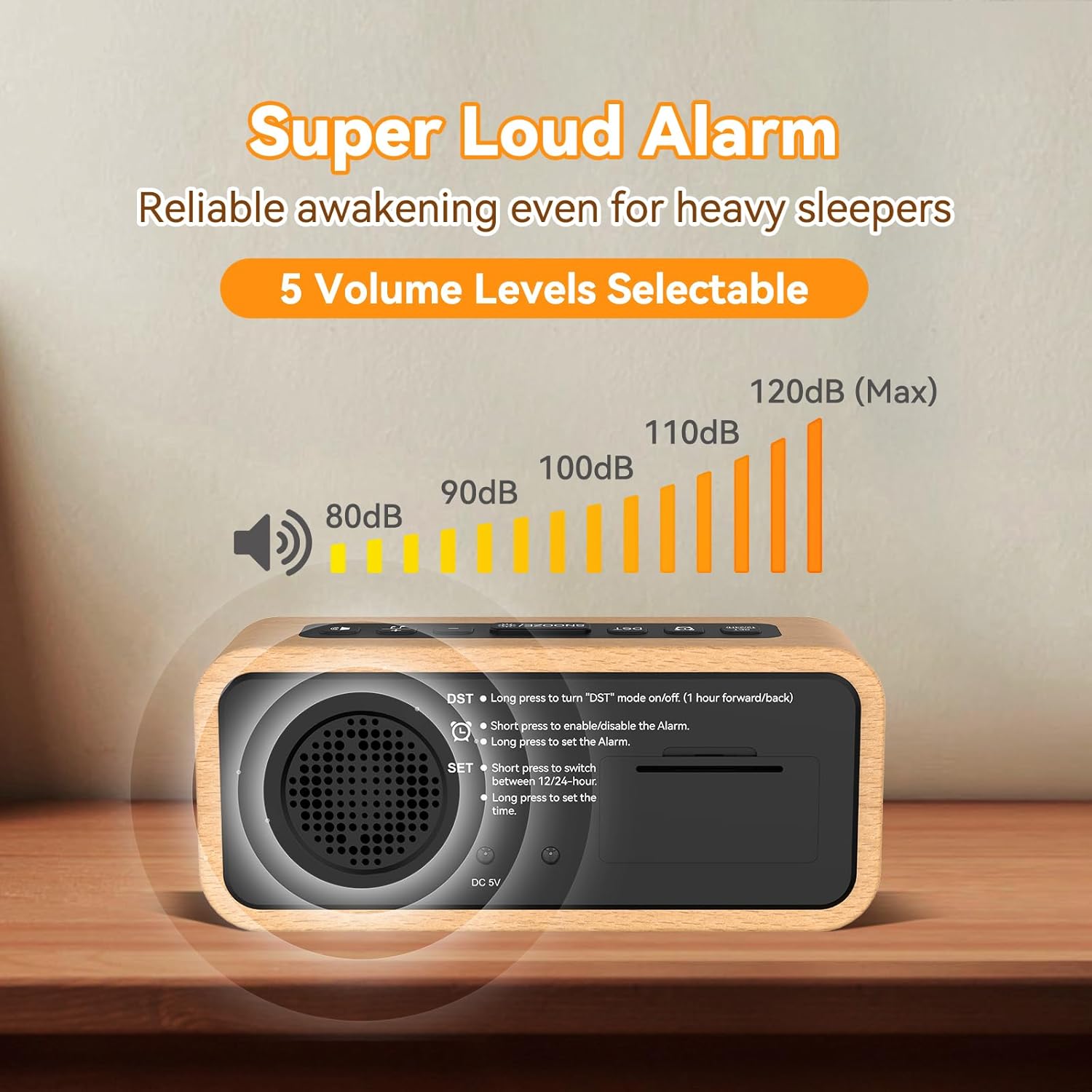 Netzu Wooden Alarm Clock with 5 Volumes and 12 Ringtones