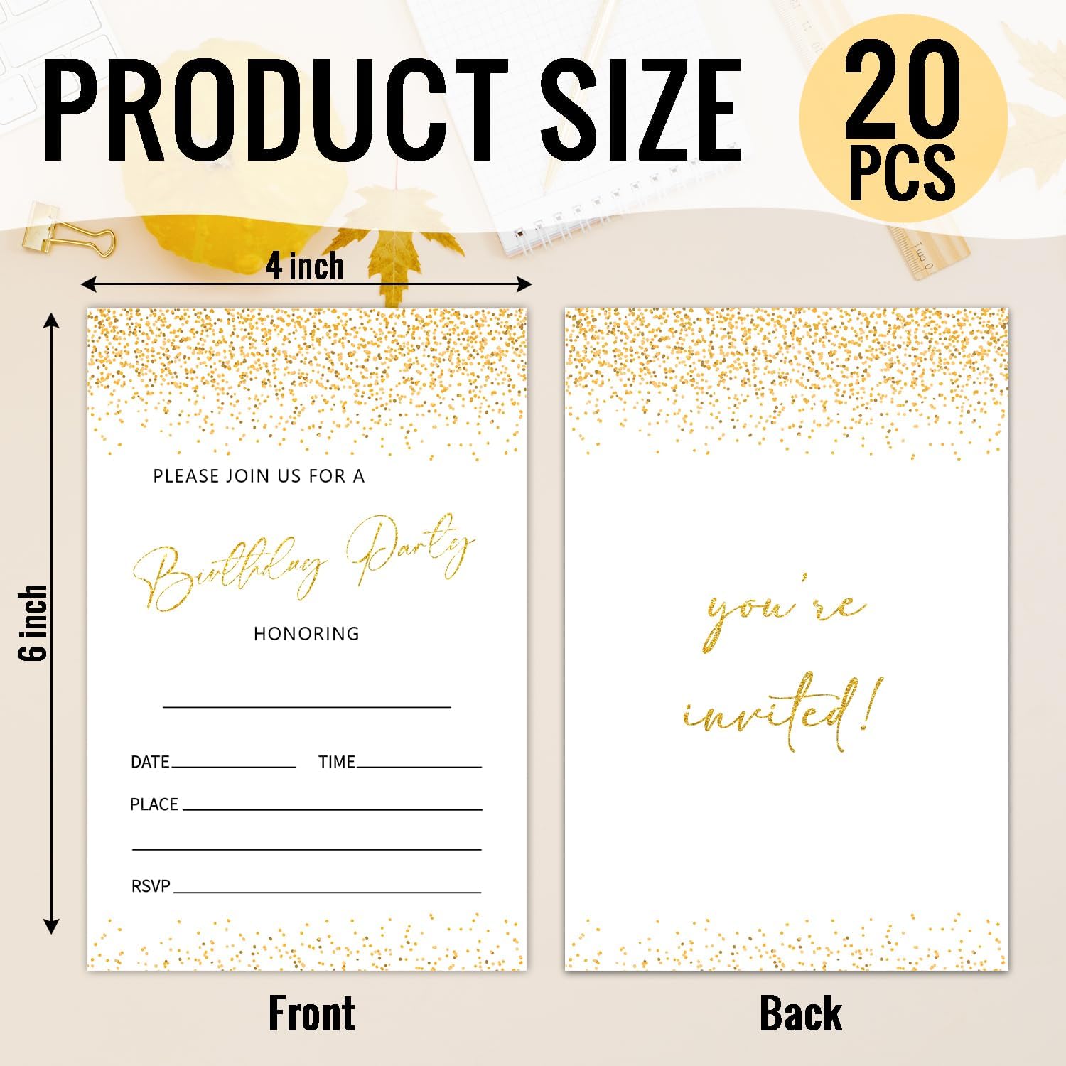 20pcs Gold Glitter Double Sided Birthday Invitations with Envelopes for Boys Girls