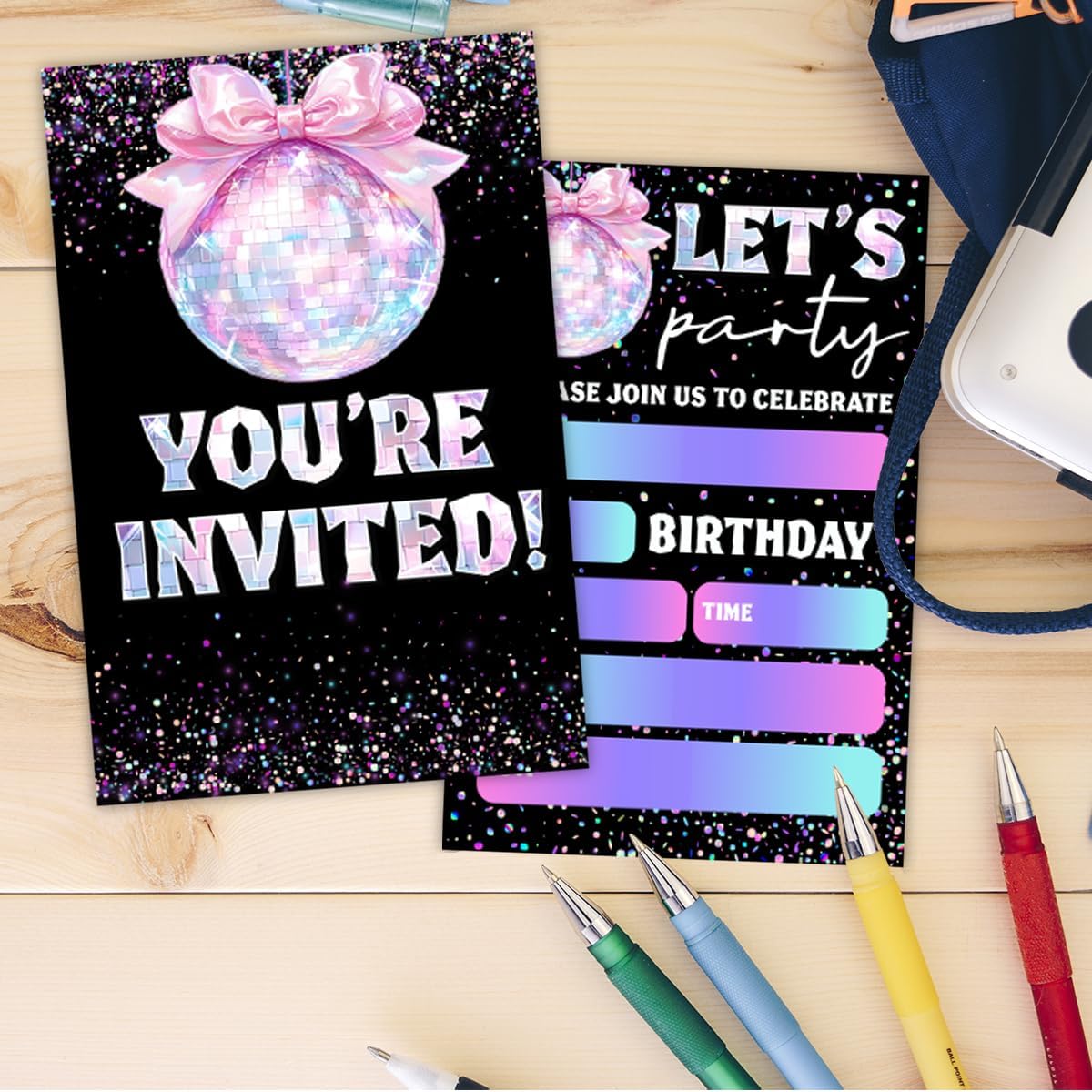 Glitter Disco Birthday Party Invitations with Pink Bow Design