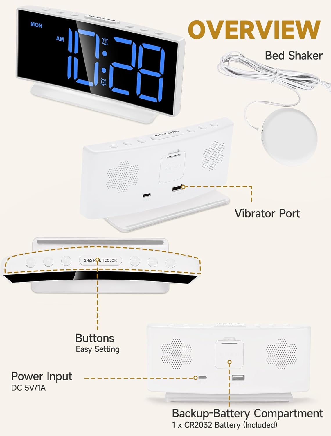 Cadmos Extra Loud Alarm Clock with Bed Shaker and RGB Display
