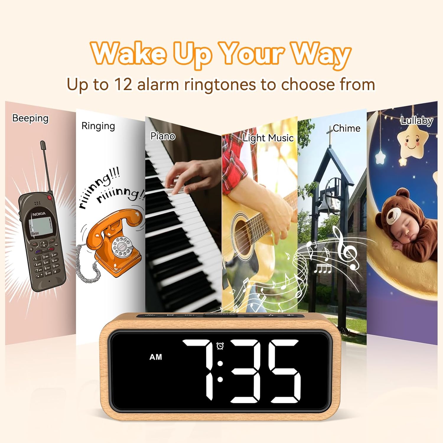 Netzu Wooden Alarm Clock with 5 Volumes and 12 Ringtones