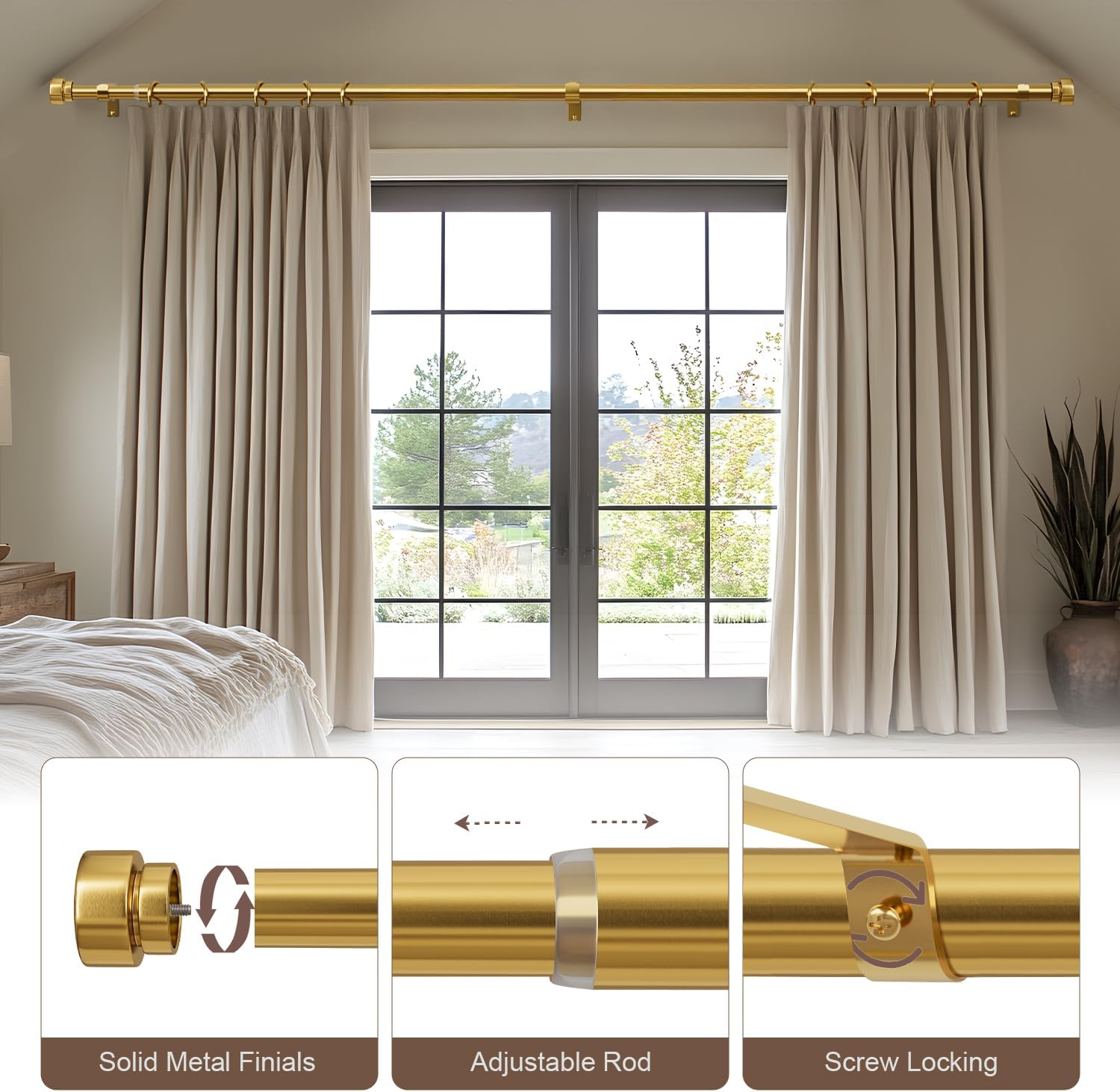 Modern Gold Curtain Rod with Solid Metal Finials 1 Diameter