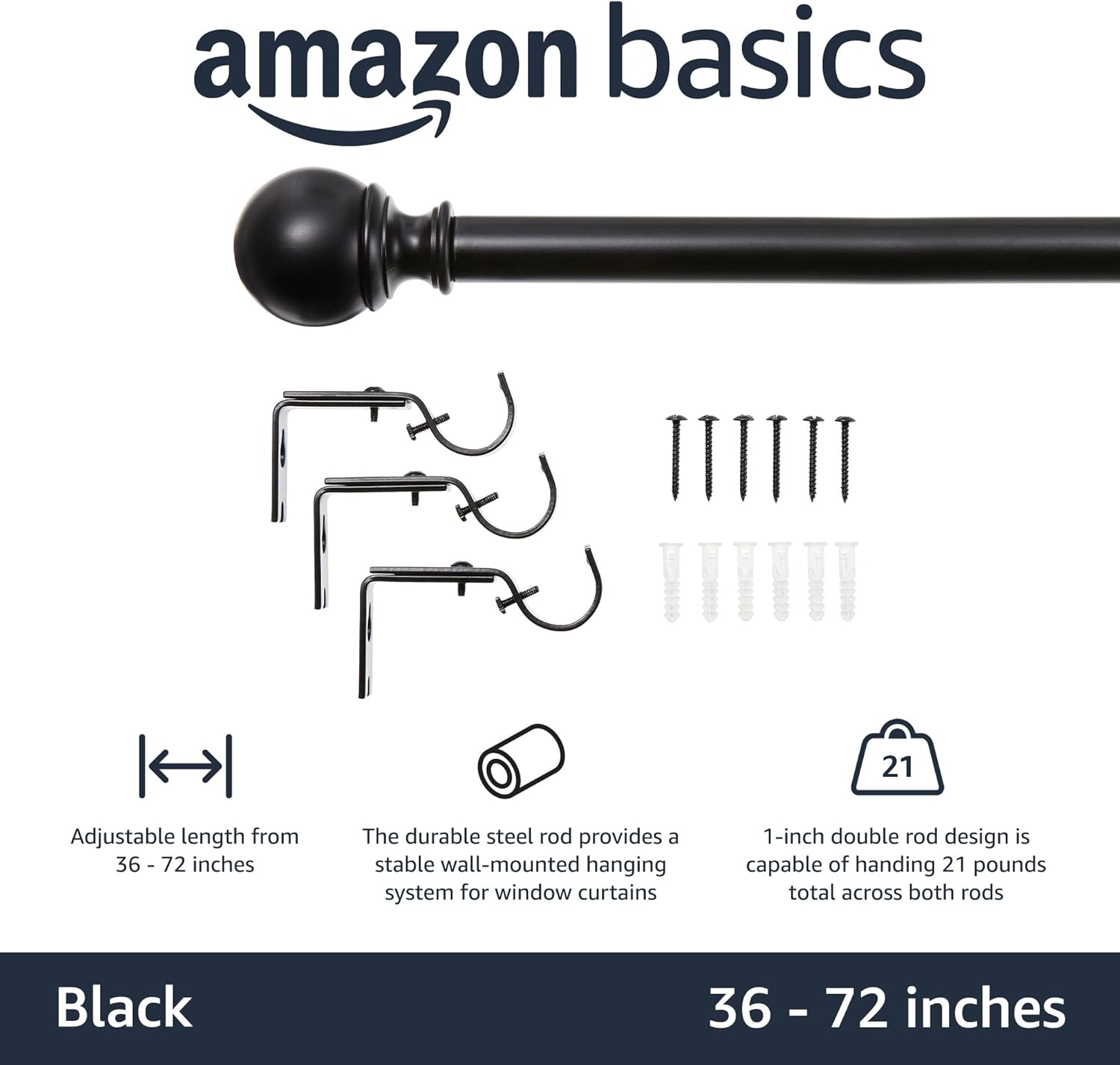 Amazon Basics Adjustable Curtain Rods 36 to 72 Inches Black