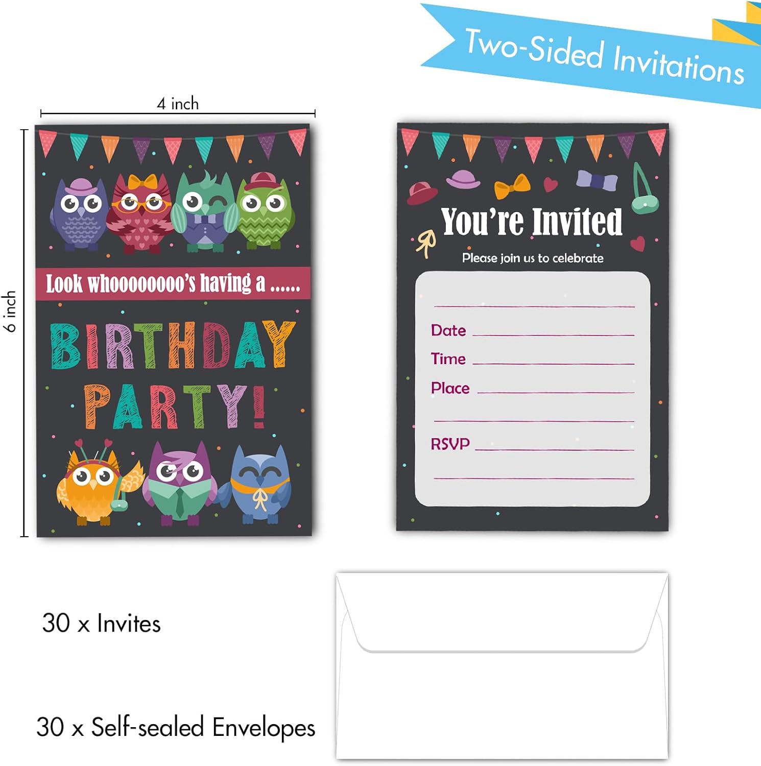 Owl Themed Birthday Invitations with Envelopes 30Pack