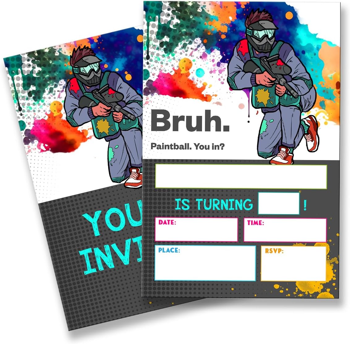 Paintball Birthday Invitation Set with Envelopes for Teen Boys