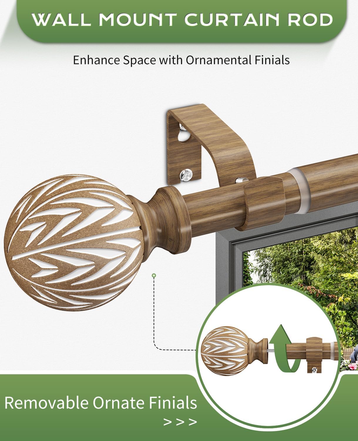 KVEEO Decorative Wood Grain Curtain Rods 36-88 Inch Adjustable