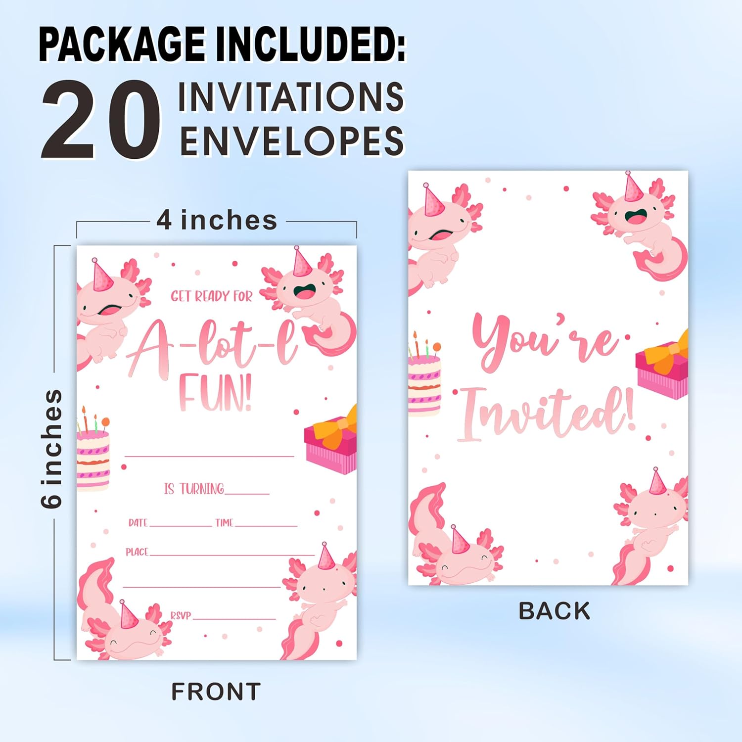 Axolotl Birthday Invites With Envelopes - 20 Sets