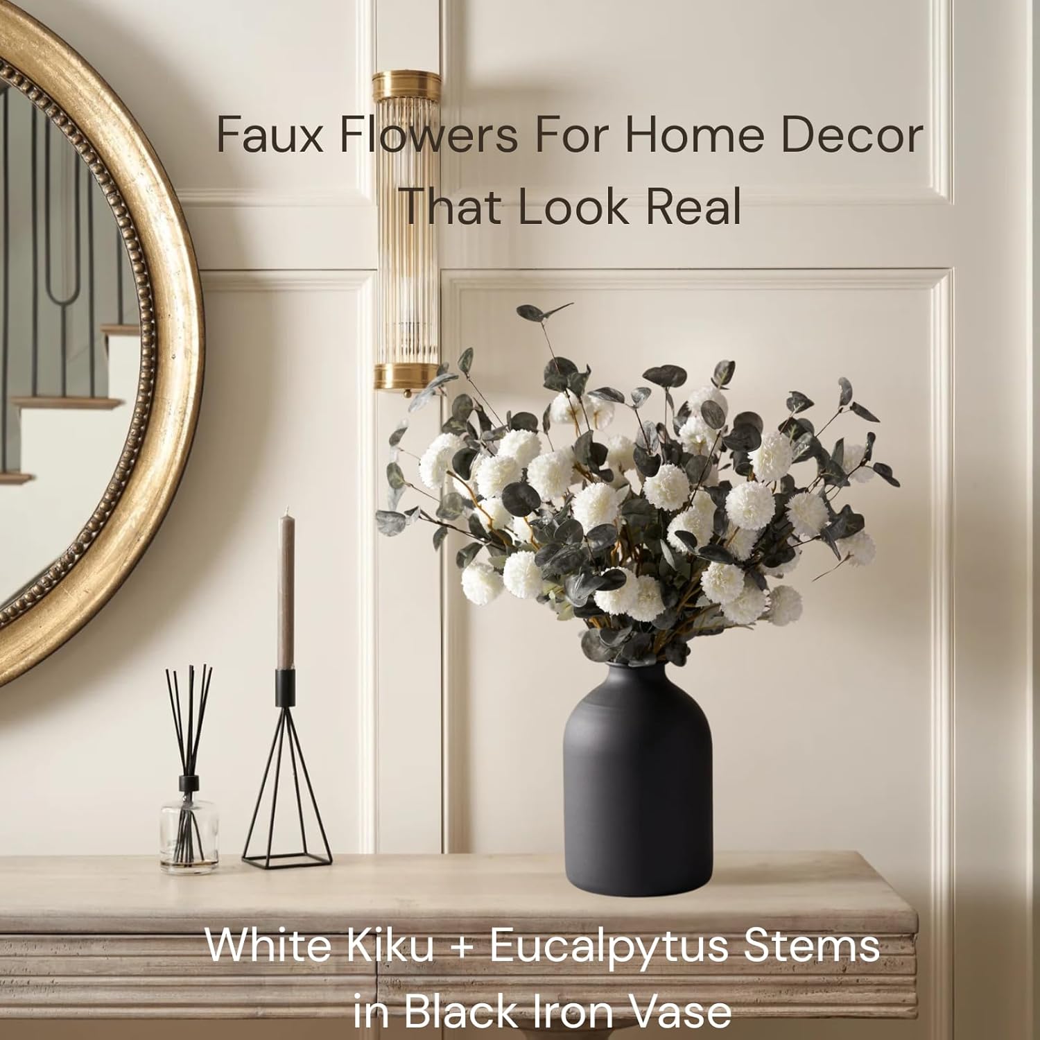 RyddeligHome White Faux Flowers for Vase - 10 Stems Eucalyptus