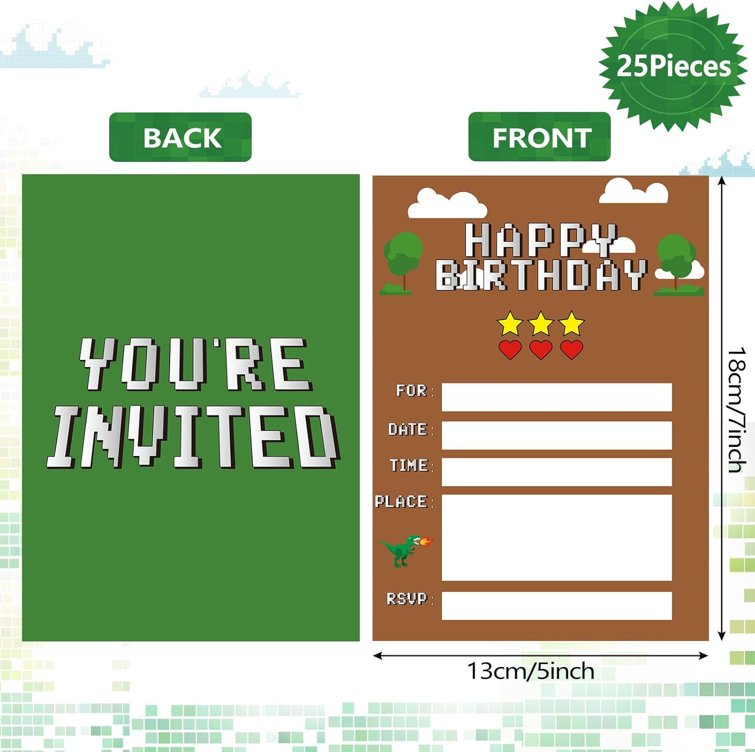 25 Piece Pixel Game Birthday Invitations with Green Envelopes