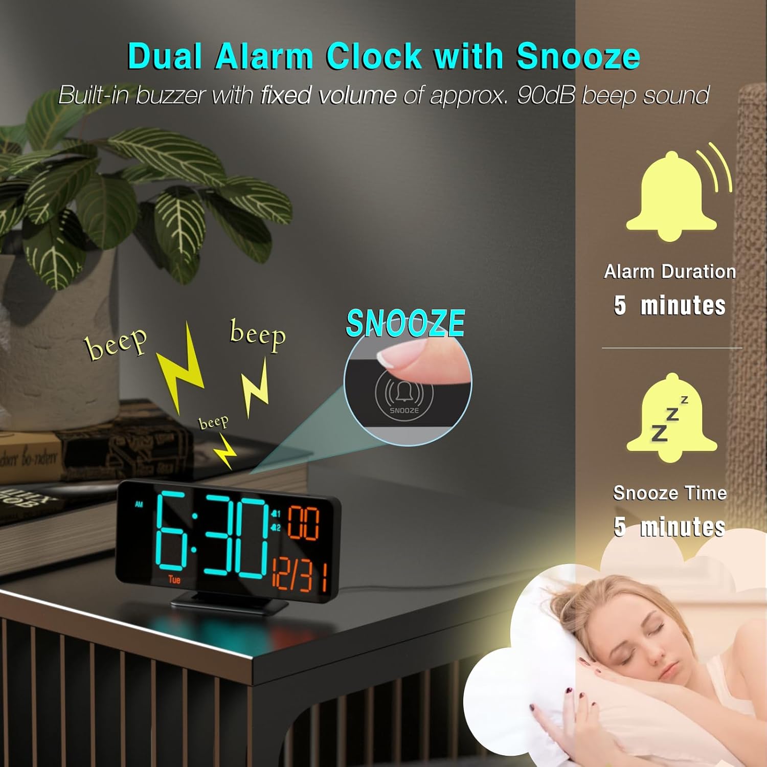 Kosumosu 67 Inch Black Digital Clock with Dual Alarm