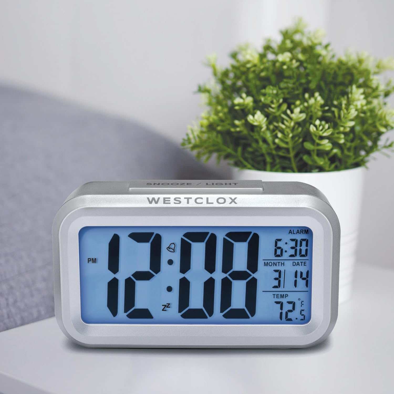 Westclox Digital Alarm Clock with Blue Backlight Temperature and Date Display Silver
