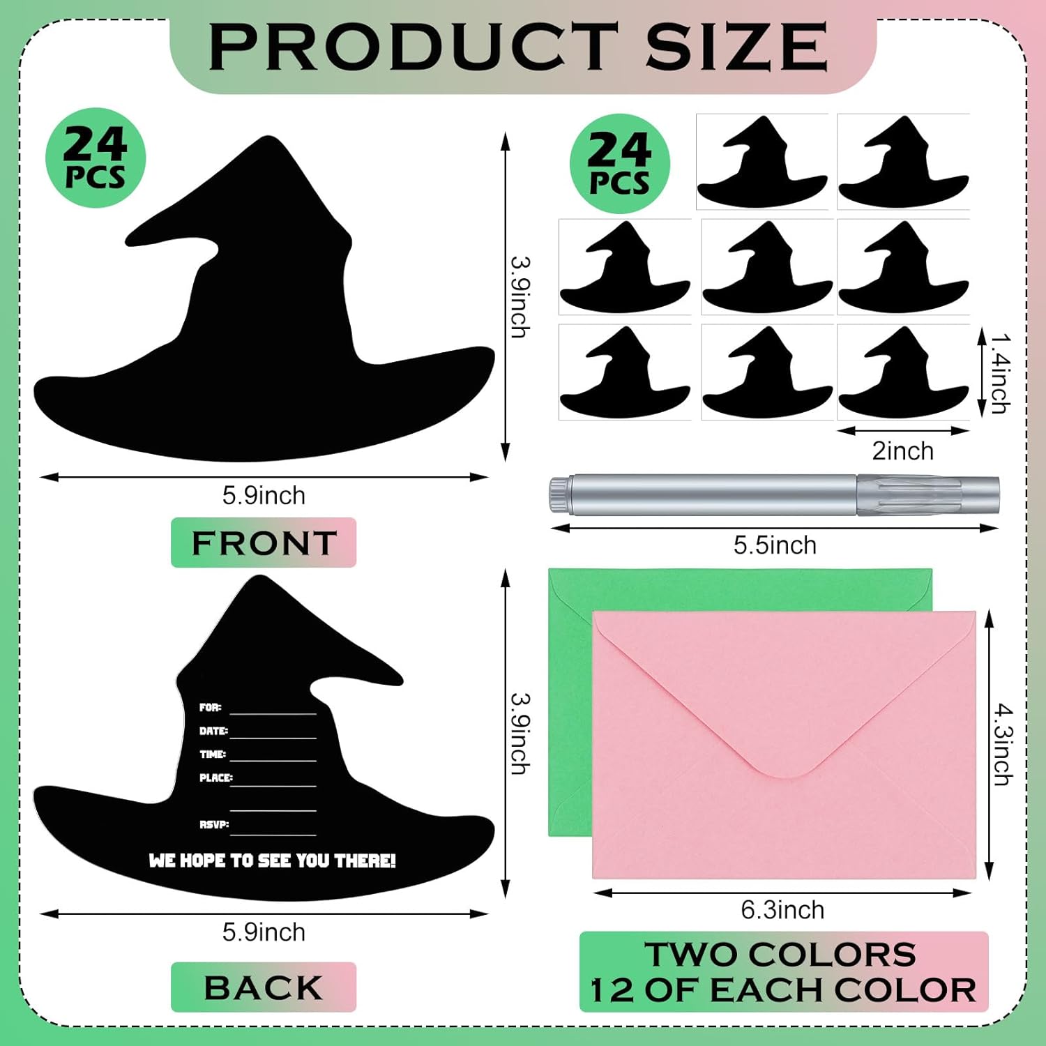 24 Set Witch Party Pink Green Invitations with Envelopes and Stickers
