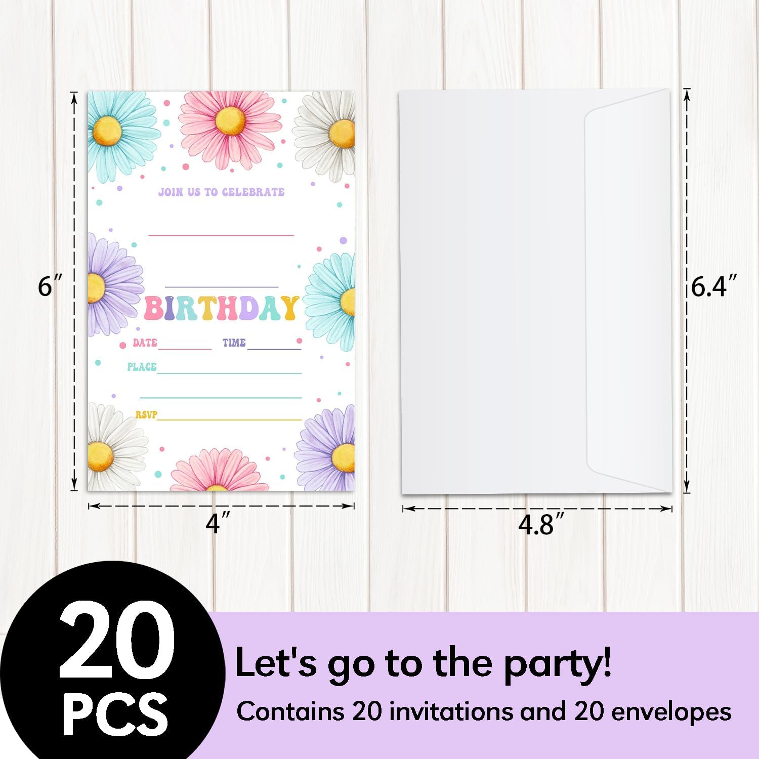 20 Daisy Flower Birthday Invitations with Envelopes