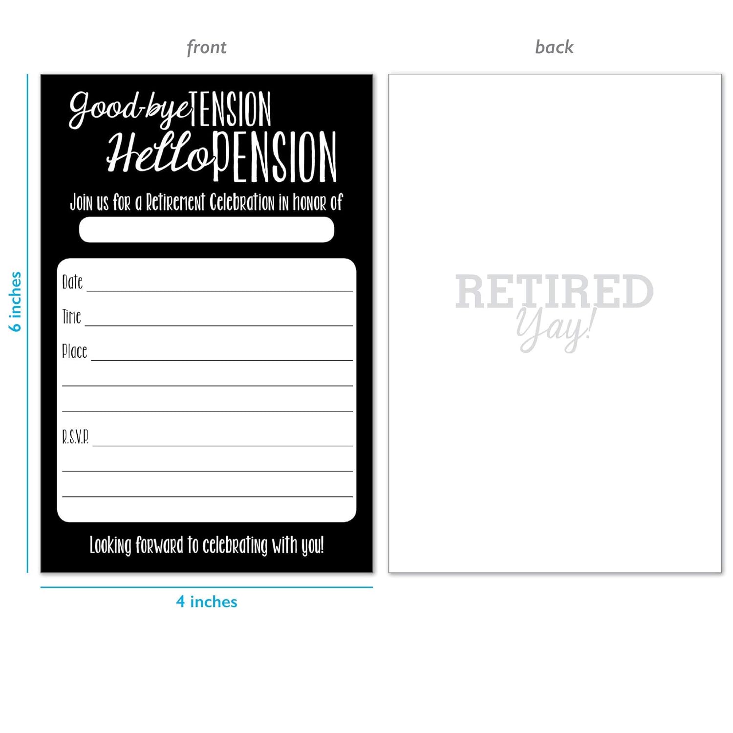 20 Retirement Party Invitations with Envelopes - Goodbye Tension Hello Pension 1