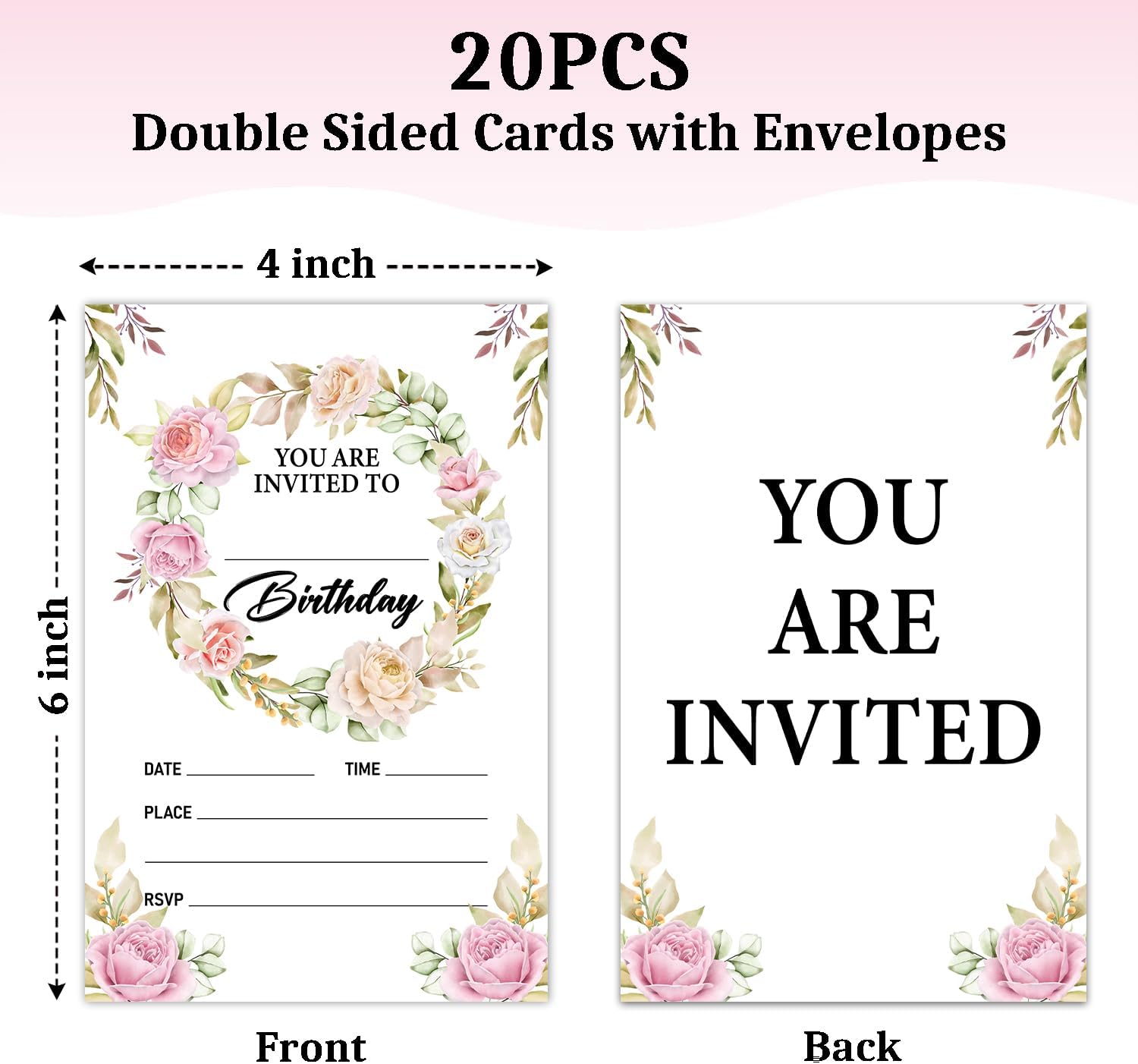 Pink Floral Birthday Party Invitations 20 Pcs with Envelopes