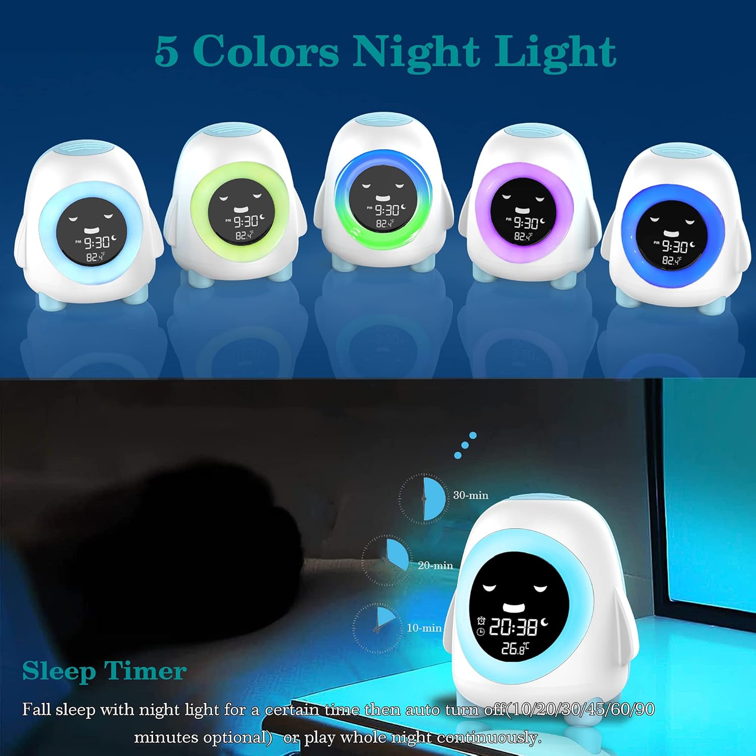 Wisoee Kids Alarm Clock with Night Light and Sound Machine