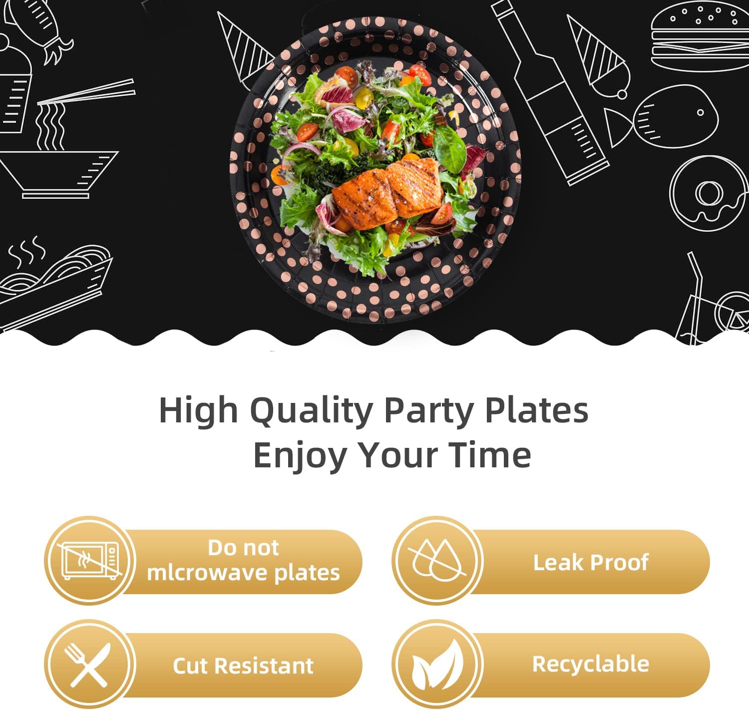 Black and Rose Gold Paper Plates 100 Pack 7 Inch