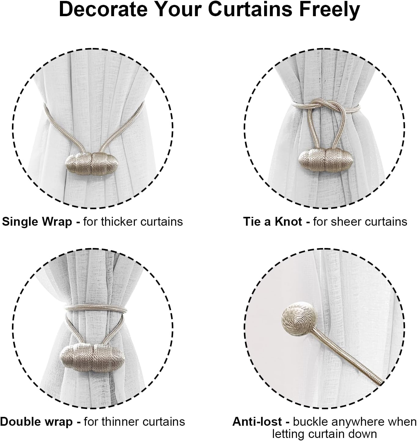 Tifanso Beige Magnetic Curtain Holdbacks - 4pcs Set