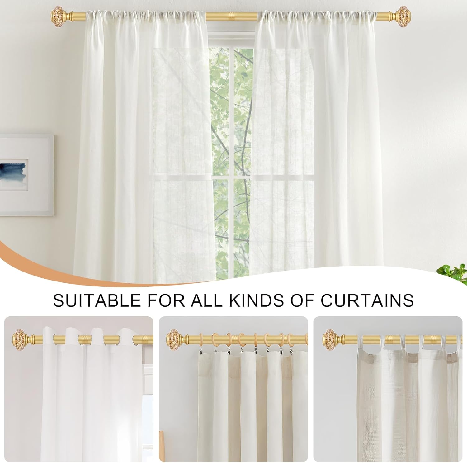 Gold Curtain Rods 48 to 84 Inch Vintage Crystal Finials