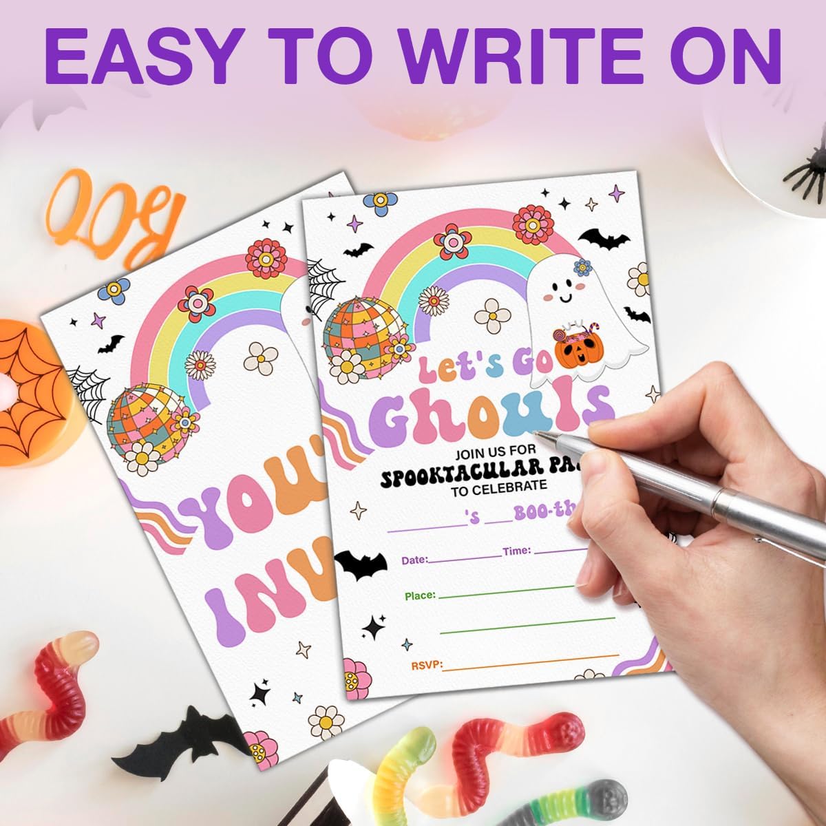 Halloween Birthday Invitations Groovy Rainbow Ghost Lets Go Ghouls 20 Pack