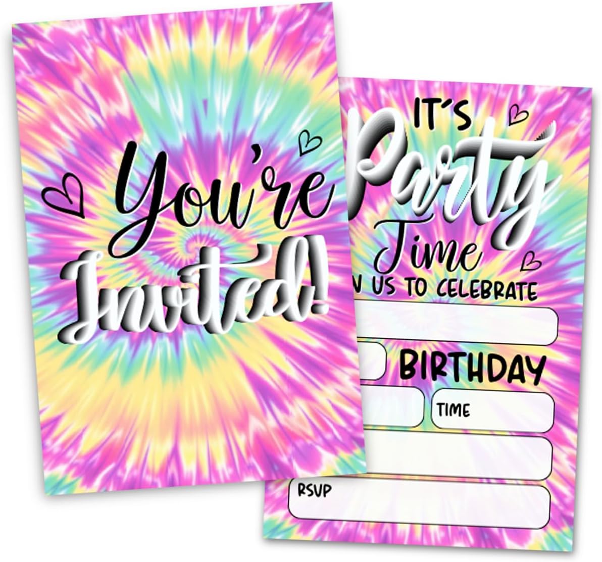 Rainbow Tie Dye Birthday Party Invitations Set