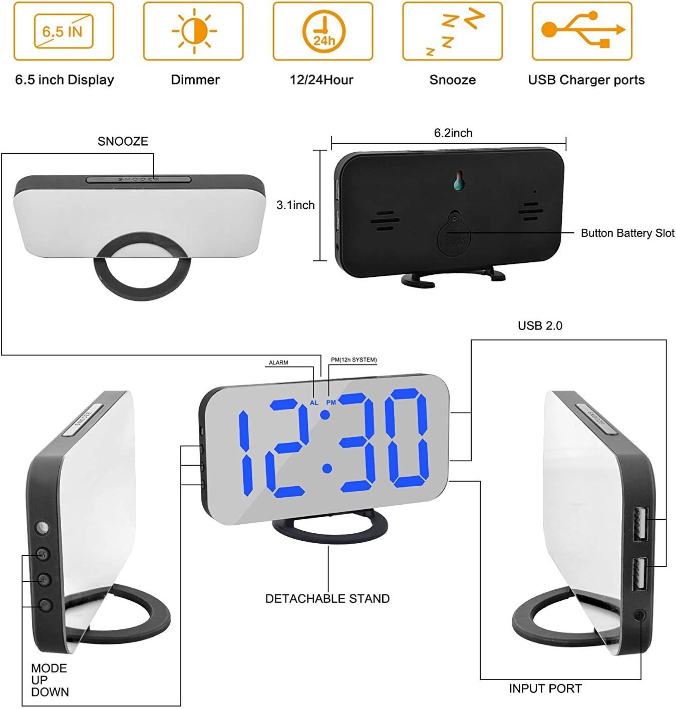 SZELAM Digital Alarm Clock with USB Charger and Mirror Surface