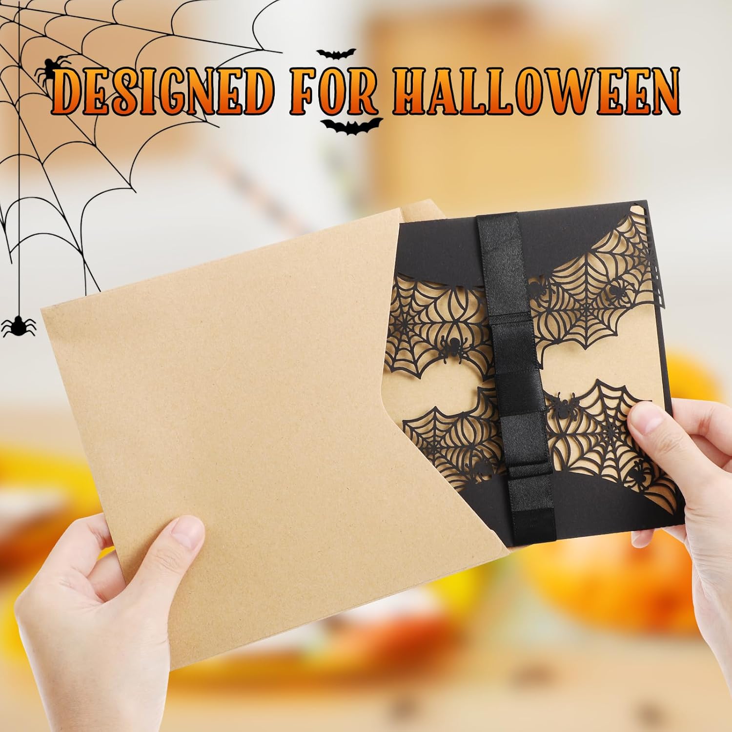 LUOEM 10pcs Halloween Invitations with Spiderweb Design and Bowknots