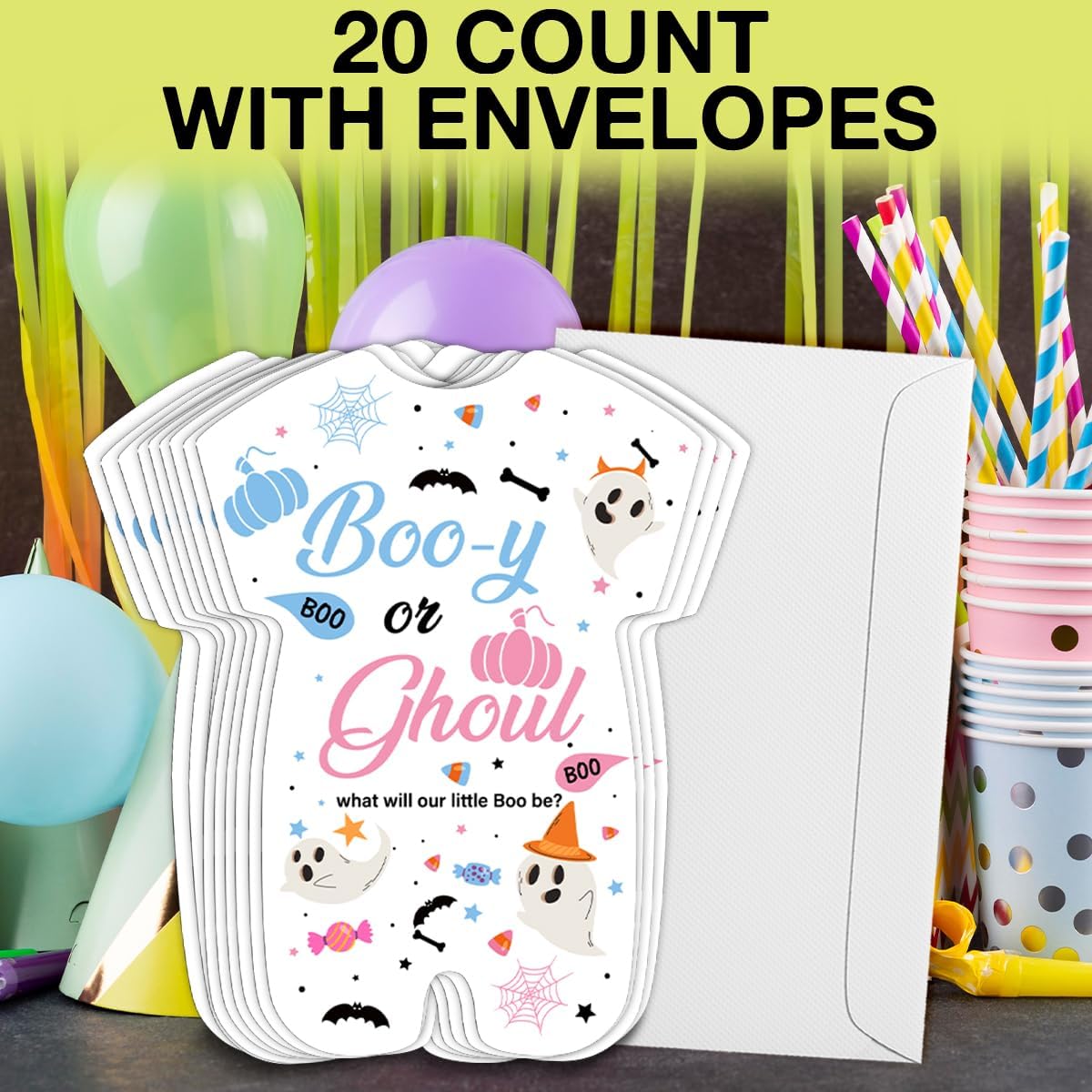 Halloween Gender Reveal Invitations Boo or Ghoul Shaped Set of 20