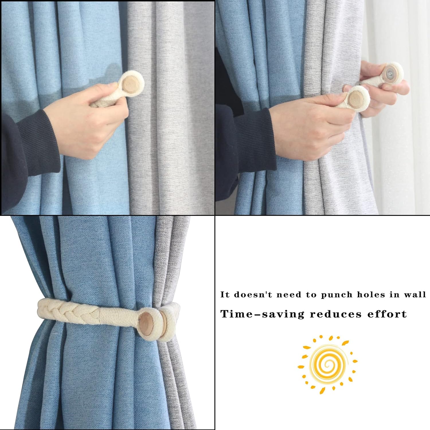 Porlau 2 Pack Beige Magnetic Curtain Tiebacks with Wooden Buckle
