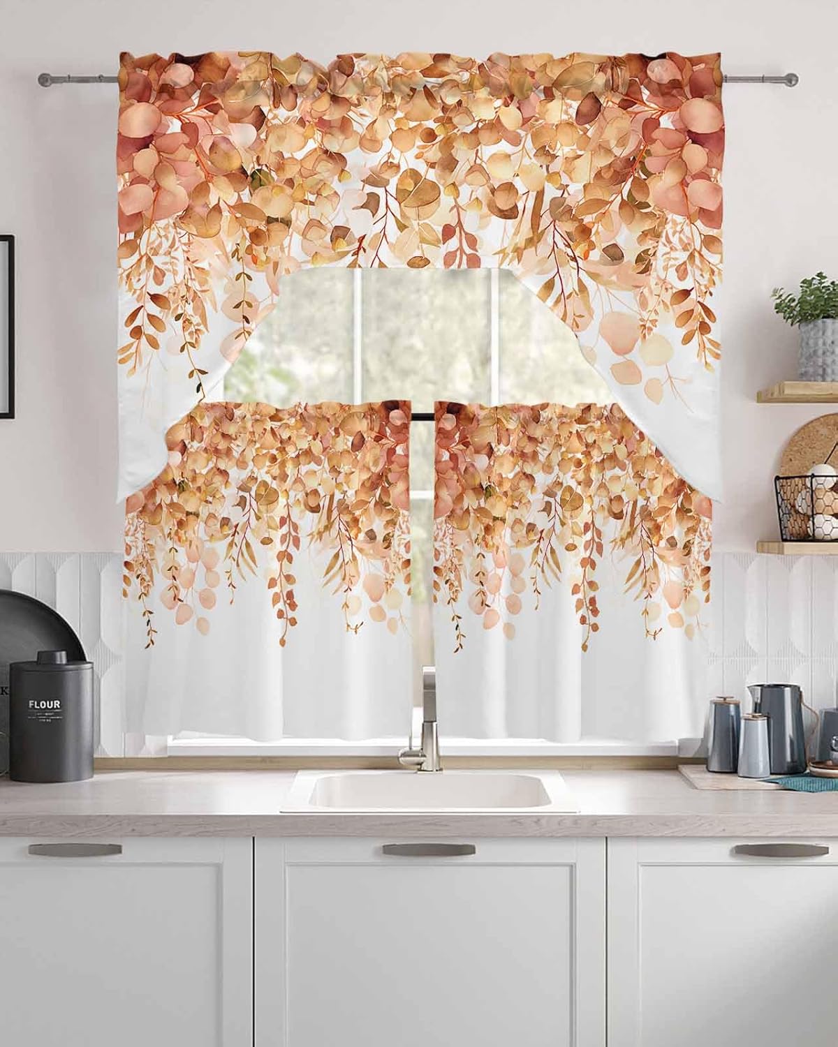 Orange Eucalyptus Leaf Curtain Set with Valance and Tiers