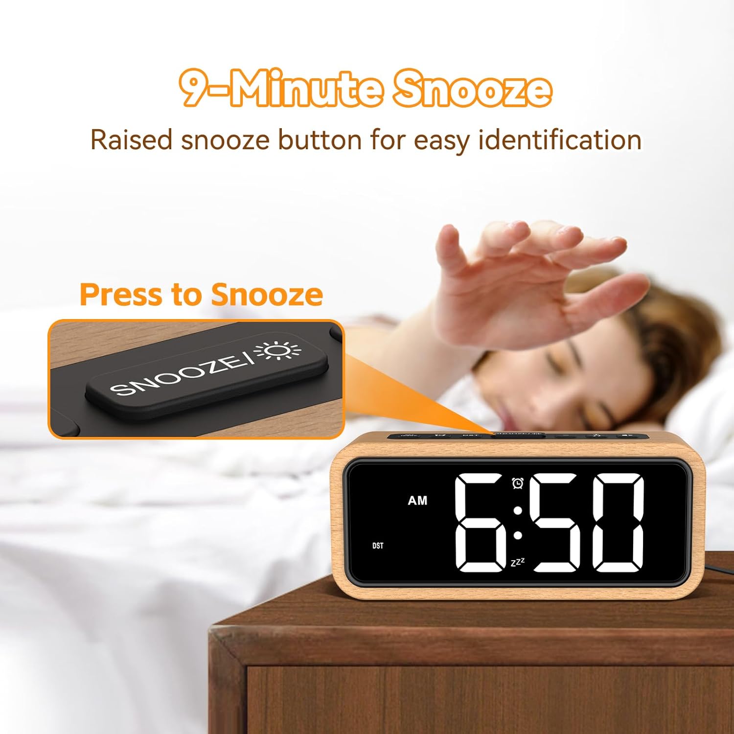 Netzu Wooden Alarm Clock with 5 Volumes and 12 Ringtones