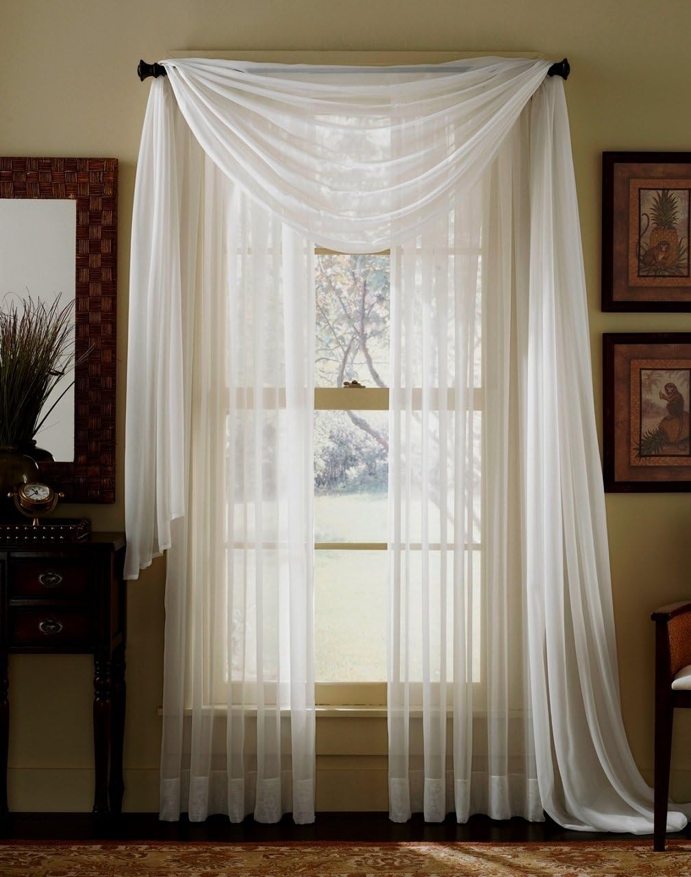 3 Piece Sheer Panel and Scarf Curtain Combo Set Beige